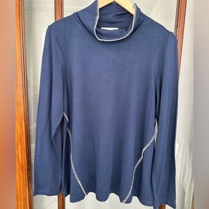 J Jill Pure Jill Tranquility Fleece Small Navy Blue Mock Cowl Neck Whipstitched